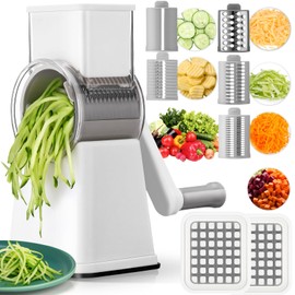 Leriton 6 in 1 Rotary Cheese Grater Hand Crank with 12 Blades Vegetable Slicer with Handle Non Slip Suction Base Cheese Shredder Chopper to Dice Multi Purpose for Kitchen Veggie Fruit Nuts Grinder