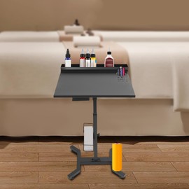 Adjustable Salon Table Station with Wheels, Portable Mobile Salon Tray, Black Iron Station with Storage Racks and Cup Holders, Height 26.77-36.22 Inches