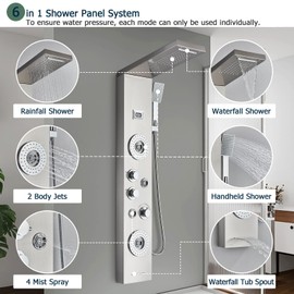 FCOTEEU Brushed Nickel Multi-Function Shower Panel Tower with Rainfall Waterfall Shower Head,2 Rain Massage System with Body Jets,Shower Tower Column with Temperature Display