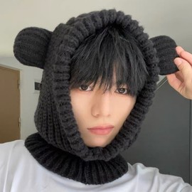 Knit Hooded Balaclava Neck Warmer - Winter Thermal Protection lf3406 One Size / Couple Style - Black 2ea