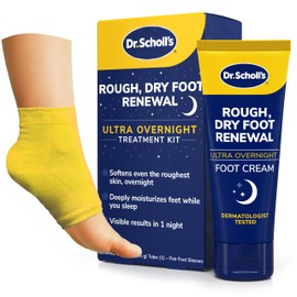 Dr. Scholl's Rough, Dry Foot Renewal Ultra Overnight Treatment with Overnight Foot Cream 3oz with Aloe, Coconut Oil & Urea and Heel Sleeve Socks, Deeply Moisturize & Soften Feet, Dermatologist Tested