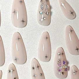 24pcs Medium Almond False Nails - Nude Rhinestone Butterfly & Star Pattern. Removable Glue-on Acrylic Full Cover. Women Nail Accessories
