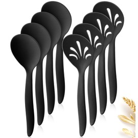 Raypard 8 Pack 10" Large Reusable Plastic Wheat Straw Serving Spoon Set, 4 Serving Spoons & 4 Slotted Spoons, Kitchen Mixing Serving Spoon for Buffet Chafing Dish Catering (Black)