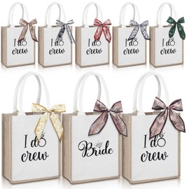 Sweetude 8 Pack Bridesmaid Tote Burlap Bags with French Vintage Ribbons for Wedding I Do Crew Reusable Beach Tote Bags Gift Bulk for Bachelorette Bridal Shower Party