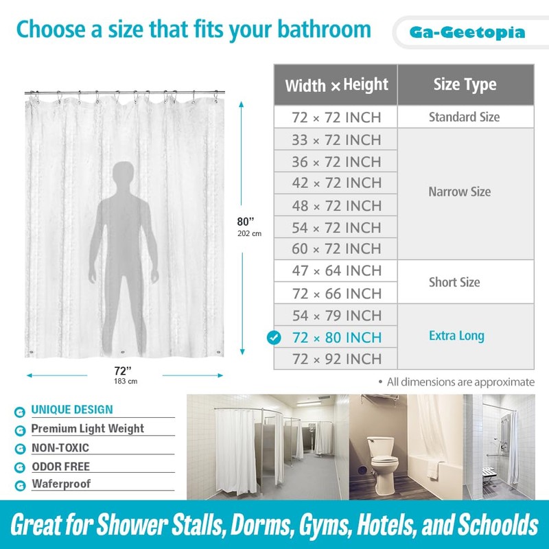 Ga-Geetopia Extra Long - EVA Clear Shower Curtain Liner, Pebble