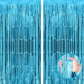 2pcs 3.2ft x 6.5ft Light Blue Metallic Tinsel Curtains Foil Curtain Decorations Foil Fringe Curtain Door Curtains Hanging Streamers for Party Supplies (Light Blue)