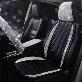 Luxury PU Leather Car Seat Cover Protector Bling Rhinestones Diamond Front Car Seat Protector Pad for Girls Women or Ladies Auto Sparkling Crystal Universal Interior Accessories White 1 Seat