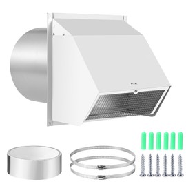 Hooded Wall Vent Cover with Screen and Damper, Galvanized Steel Outside Wall Exhaust Vent Cover Cap for Kitchen Range Hood Dryer HVAC Duct Exterior Ventilation and Air Exhaust (White, 6 Inch)
