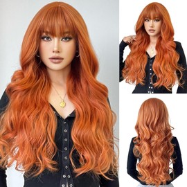 Oufei Long, Wavy, Orange Wig with Fringe for Women, Natural Look, Synthetic Hair, Heat-Resistant Wigs for Daily Wear, Parties, Cosplay Wear, 71 cm