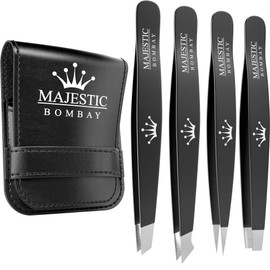 Tweezers Set 4-piece-Stainless Steel Slant Tip + Sharp Pointed Eyebrow Tweezer Set-Precision Facial Hair Removal ,Eyebrow Hair,Splinter,Blackhead,Ingrown Hair/Tick Remover-Ends Meet Perfect
