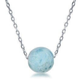 Sterling Silver 16" + 2" Natural Larimar 10mm Bead Necklace