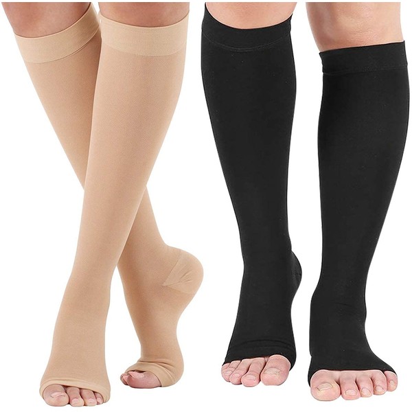 Open Toe Compression Socks 2 Pairs 20-30 mmHg Knee High Support Stockings Toeless for Men or Women Support Pregnancy, Running, Sports, Flight Travel with Free Auxiliary Wear Socks S