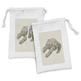 Lunarable Turtle Fabric Pouch Set of 2, Soft Toned Pencil Sketch Inspired Drawing of a Grungy Sea Tortoise, Small Drawstring Bag for Toiletries Masks and Favors, 9" x 6", Green Brown and Grey Yellow