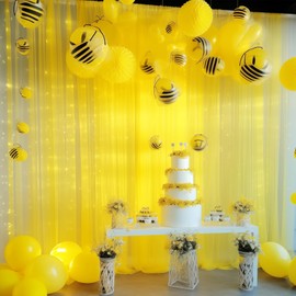 10×10ft Yellow Tulle Backdrop Curtain with Lights String for Parties, Sheer Curtain Backdrop Drapes for Wedding Party Home Decorations