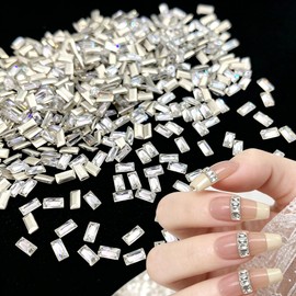 100Pcs Shiny Silver Rectangular Zircon Nail Rhinestones, 0.059×0.118 Inch Mini Flatback Nail Gems, Bling Nail Charms for French Tip Nails Art DIY Craft Supplies Flatback Rhinestones for Nails
