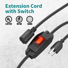 FIRMERST 1875W Outdoor Extension Cord with Switch Waterproof Black 3 Feet