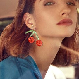 Cherry Earrings for Women Red Cherry Beaded Earrings Dangle Comfortable Cherry Ear Cuff Non Pierceing Summer Statement Jewelry Gifts
