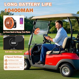 AIPSET Rechargeable Golf Cart Fan, 10400mAh Battery, 3-Speed with LED Light, 36 Hrs Work, Remote Control, Hang Hook, USB & Type C Port, Orange