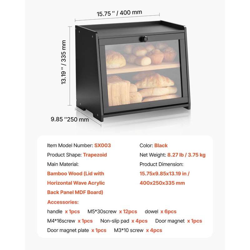 VEVOR Double Layer Bread Box for Kitchen Counter, Large Capacity