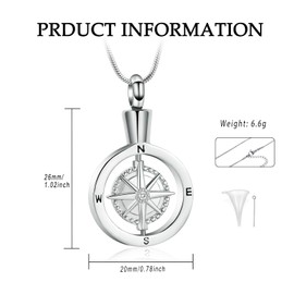 Compass Urn Necklace for Ashes Stainless Steel Cremation Jewelry Memorial Necklace Urn for Human Ashe of Loved Ones