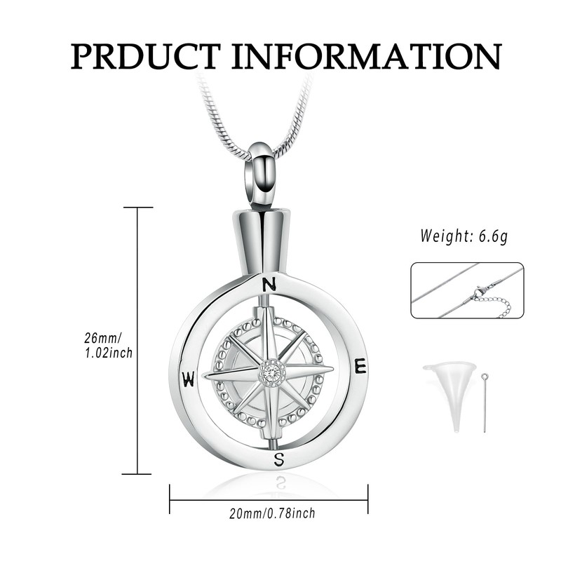 Compass Urn Necklace for Ashes Stainless Steel Cremation Jewelry Memorial