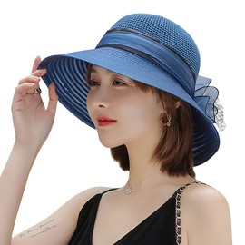 JNGUOSICN Women Wide Brim Floppy Foldable Summer Sunhat Large Flower Mesh Wedding Bowler Hat Adjustable Beach Cap Elegant Church Cloche Hat UV Protection Cap Navy