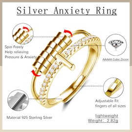 Estrellique Silver Anxiety Rings, 925 Sterling Silver Anxiety Fidget Ring, Open Adjustable Anti-Stress Decompression Rings, 5/7 Balls Spinner Ring for Anxiety Women Man Girls, Cross Anti-Anxiety Ring,