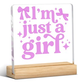 Pink Bow Girls Decor, Wooden Sign With Stand, Acrylic Office Desk Accessories Apartment Decoration I’m Just a Girl for Women Friend Coworker Sister Thanksgiving Christmas Birthdays Gifts