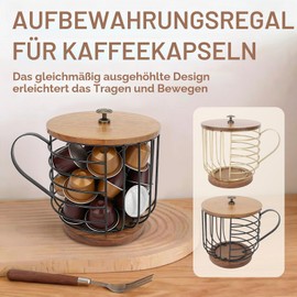 Coffee Pod Baskets, Coffee Pods Storage Basket, Coffee Pod Holder, Wooden Base, Large Capacity Wire Kup Container with Lid, Storage Shelves, Black Wire Basket, Coffee Capsule Storage Organiser