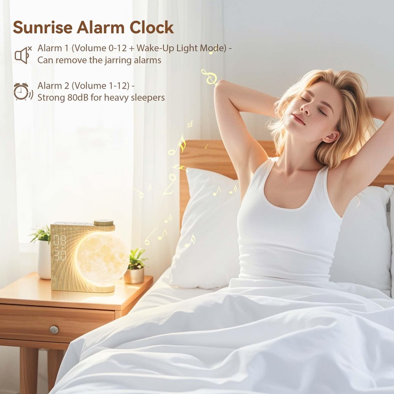 RETEYUNG Rotatable Moonlight Alarm Clock, Sunrise Alarm Clocks, Night Lamp
