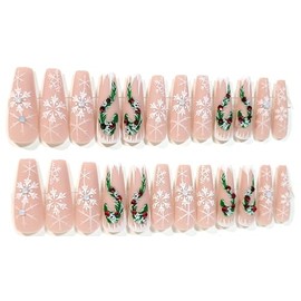 Festive Follies With Rhinestones Matte Long Coffin Press On Nails - 24 Pieces - Artificial Nails - Winter Nails - Christmas Nails
