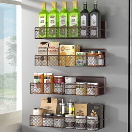 DTUQYX Magnetic Spice Rack for Refrigerator, 4 Pack 100% Metal Strong Magnet Fridge Shelves, Space Saving Spice Organizer, No Drilling Moveable Home Kitchen Laundry Room Storage Organization, Brown