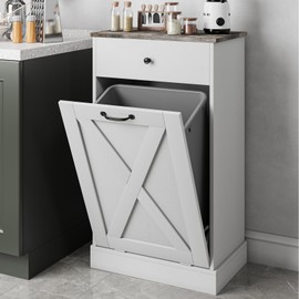 mikibama Modern Tilt Out Trash Cabinet,10 Gallon Freestanding Trash Bin Cabinets with Drawer,Wooden Recycling Laundry Hamper Sorter Cabinet for Kitchen,Living Room,Washroom (Off White)