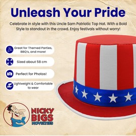 Nicky Bigs Novelties Uncle Sam Patriotic Top Hat Red White Blue Costume Cap with Stars 4th of July Parade Holiday Festival Party Accessory for Men and Women One Size Fits Most