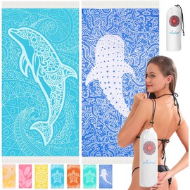 2 Pack Cotton Turkish Beach Towels With Bag Quick Dry Sand Free Soft Absorbent Adult Bath Pool Swim Stripe Towel Cloud Linen Sandfree Mat Summer Thing Lightweight Thin Travel Blue Fish Dolphins