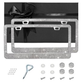 JUSTTOP 2PCS Bling License Plate Frames, Sparkly Diamond Stainless Steel License Plate Holder with Screw Glitter Cap, Handcrafted Crystal Girly Auto Tag Plate Frame with Gift Box (White)
