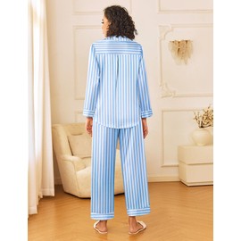 Ekouaer Womens Silk Satin Pajama Sets 2 Piece Sleepwear Pjs Set Long Sleeve Button Down Top and Pants Stripe Loungewear,XXL