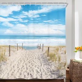 Riyidecor Beach Coastal Ocean Shower Curtain Seaside Seashore Scenery Landscape Nautical Sea Scenic Sand Blue Sky 72Wx72H Inch Summer Peaceful Fabric Decor Bathroom Polyester Waterproof Hooks