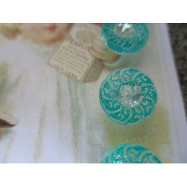 Set of 6 Vintage 7/16" Painted Turquoise  whimsy  Wreath Glass Buttons~ NOS