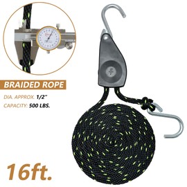 TOURFUN 1/2” x 16ft. Tie Down Rope, Heavy-Duty Braided Locking Ratchet Pulley with 4” Carabiner for Kayak Bow and Stern Secure – 1 Pair