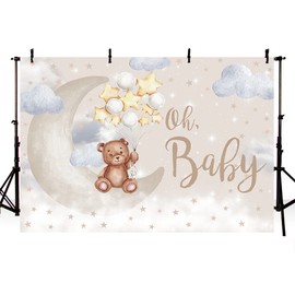 MEHOFOND Oh Baby Bear Backdrop for Baby Shower Gender Neutral Birthday Party Decorations Bear On The Moon Banner Gold Star Balloons White Clouds Photo Booth Props 7x5ft