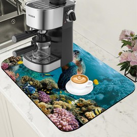 Sea Turtle Coffee Mat Absorbent Dish Drying Mat for Kitchen Counter Hide Stain Rubber Backed Coffee Bar Accessories Fit Under Espresso Machine Dish Rack, 11.8 x 19.7 Inch