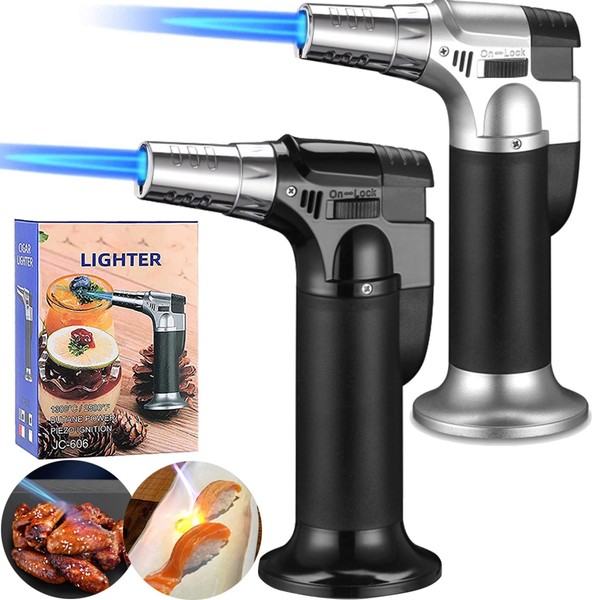 2 Pack Butane Torch Lighter, XWFEU Blow Torch Refillable Kitchen Cooking Torch with Safety Lock Adjustable Flame for Desserts Creme Brulee BBQ Baking (Silver Black)
