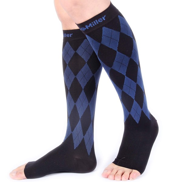 Doc Miller Open Toe Compression Socks - 1 Pair Compression Socks 20-30mmHg Support Knee High Argyle Compression Socks for Men and Women