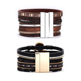 Dochais 2 Pieces Multilayer Leather Bracelets for Women Men, Boho Wrap Bracelet with Wrist Cuff Magnetic Buckle for Women, Inspirational Tree of Life Bracelet Jewelry Gifts