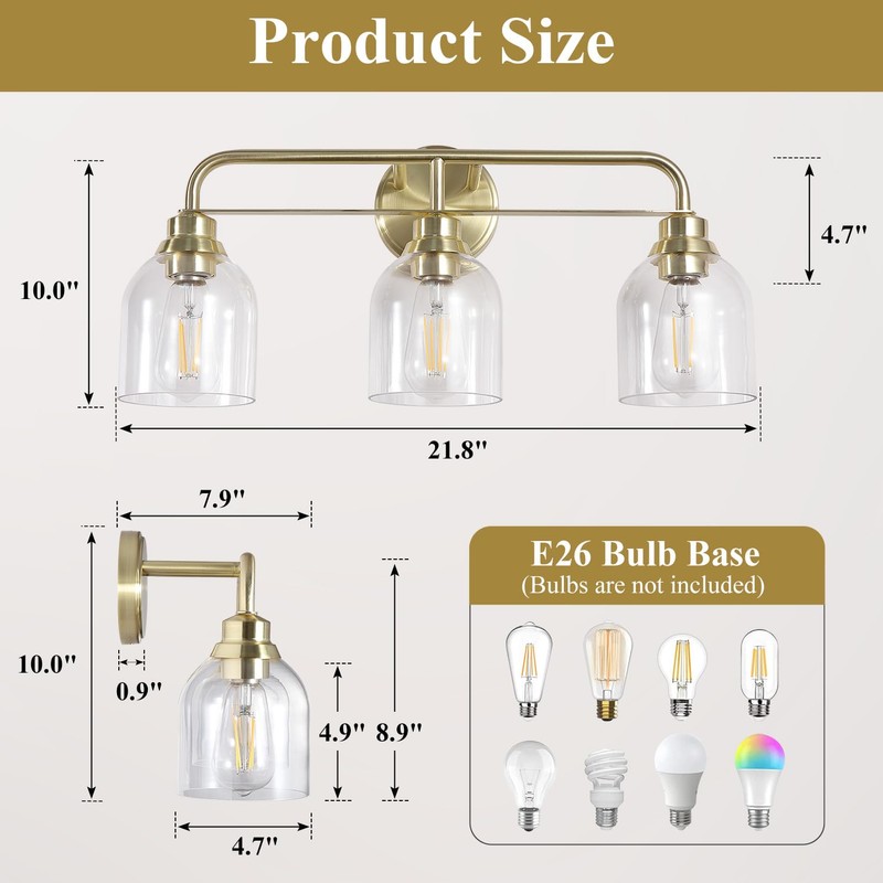 Mecgirn 3 Light Gold Vanity Lights for Bathroom, Bathroom Light