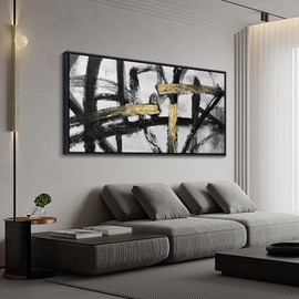 CHATYOUNG Wall Art Modern Abstract Paintings - Large Golden Thread Canvas Prints Black White and Gold Interweaving Wall Pictures Prefer for Bedroom Living Room Office Decor,Framed, 24 x 48 In