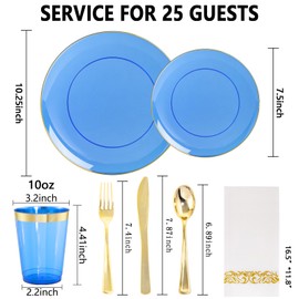 YOUBET 175PCS Clear Blue Plastic Plates - Blue and Gold Disposable Plates Include 50 Plate, 75 Silverware, 25 Cups, 25 Napkins for Wedding & Party
