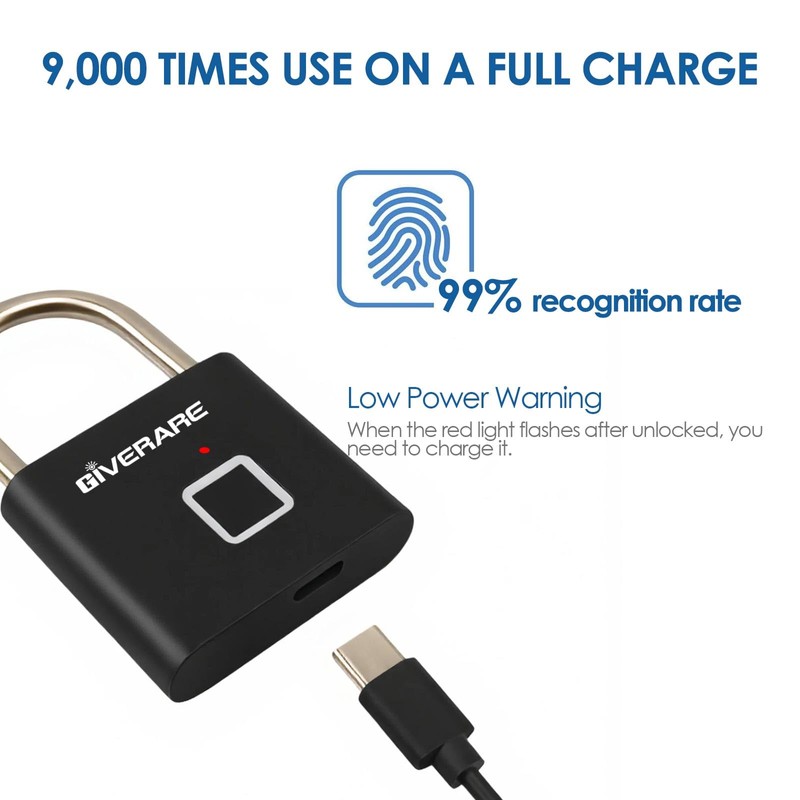 Fingerprint Smart Padlock, Biometric Metal Keyless Thumbprint Lock Alloy, USB