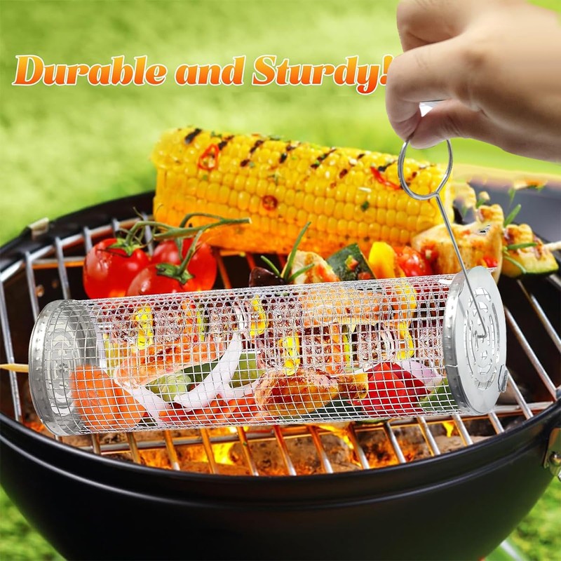 2PCS Rolling Grill Basket, Removable Wooden Handle, 304 Stainless Steel